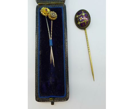 Three stick pins including one 15ct gold, one a/f