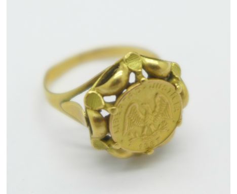 A yellow metal ring with continental control marks set with a Mexican 1867 Un Quarto De Peso gold coin, total weight 2.9g, K