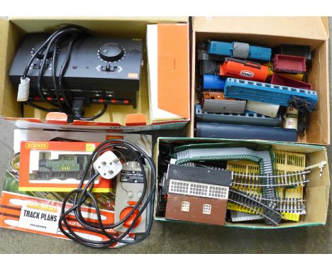 A collection of Hornby model rail including LNER 8481 engine, boxed, HM2000 power controller, boxed, other carriages, wagons,