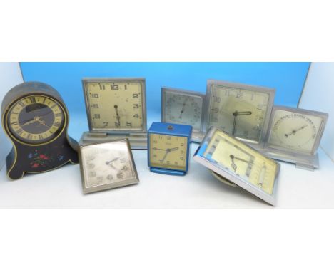 An Art Deco Asprey combination mantel clock, thermometer, barometer, a mantel clock marked Petite Neuchateloise on the dial a