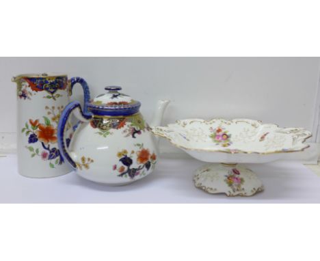 A Coalport comport, a Royal Doulton Matsumai teapot and water pot, comport cracked