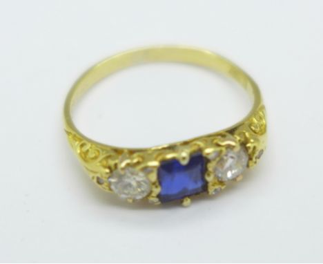 An 18ct gold, sapphire and white stone ring, 2.1g, K