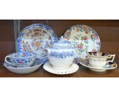 A 19th Century Spode cup and saucer, a Rockingham cup and saucer, two Spode plates, a Copeland lidded pot and a c.1800 creamw