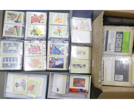 Five albums of PHQ cards, an album of First Day Covers and an album of mint stamps, etc.