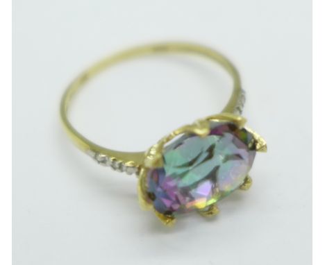 A 9ct gold, mystic topaz and diamond ring, 1.6g, P