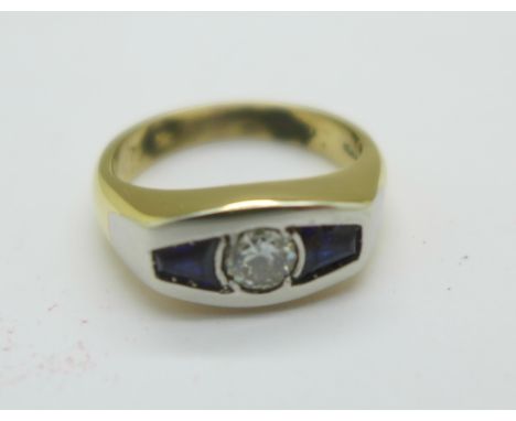 A 9ct gold, sapphire and diamond ring, approximately 0.35 carats, 7.3g, L