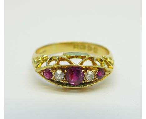 An 18ct gold, ruby and diamond ring, Chester 1909, 3.1g, O