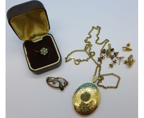 A 9ct gold locket and chain, a yellow metal and opal ring and 9ct gold earrings