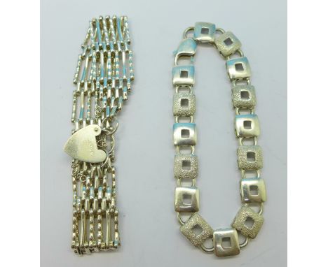 A silver bracelet and a silver gate bracelet, 42.9g