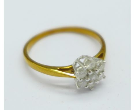 A 9ct gold and diamond cluster ring, 1.9g, P