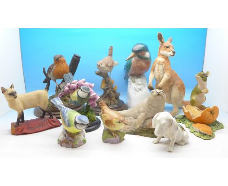A collection of bird figures including two Royal Worcester, a Border Fine Arts cat and a mouse, a continental kingfisher, etc