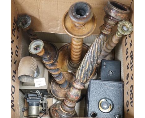 A group of five various wooden candlesticks, two vintage Kodak box cameras and magic lantern slide projector (8)