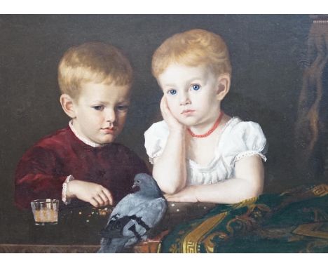 James Sant R.A. (1820-1916), oil on canvas, Portrait of two boys with a pet pigeon, 54 x 73cm