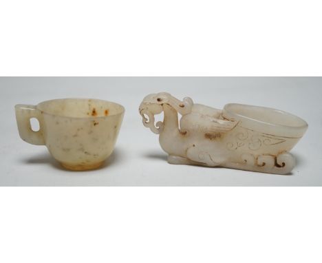 A Chinese hardstone rhyton cup and a bowenite jade cup, largest 9cm