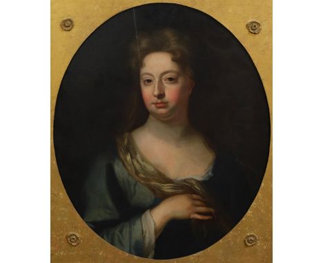 Circle of Sir Godfrey Kneller (British, 1646-1723), oil on canvas, Portrait of a lady wearing a blue dress, oval, 69 x 57cm