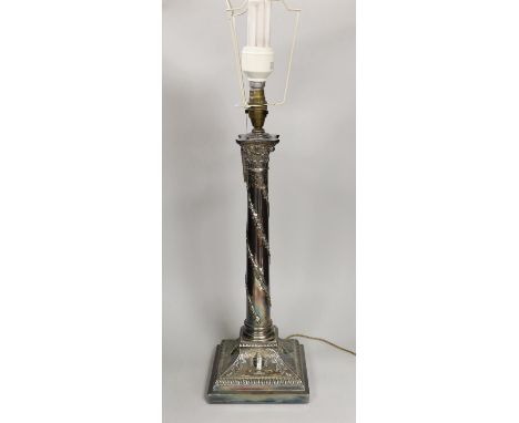 A Victorian silver plated Corinthian column table lamp, 45cm tall excl light fittings