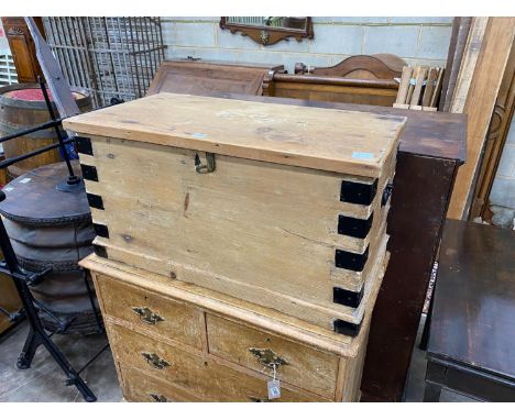 A Victorian iron bound pine trunk, width 84cm, depth 44cm, height 45cm