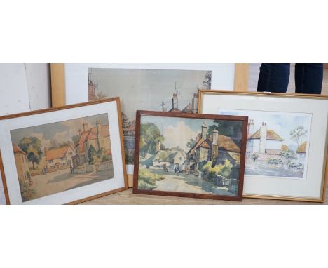 Three assorted watercolours of Glynde and a colour print, largest 40 x 49cm