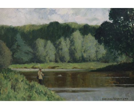 § § Norman Wilkinson (British, 1878-1971), oil on canvas, Angler beside a river, 34 x 49cm