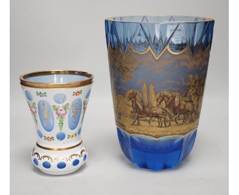 Two Bohemian glass vases, The largest blue glass vase in a mood with a horse and carriage scene, possibly Moser, tallest 21cm