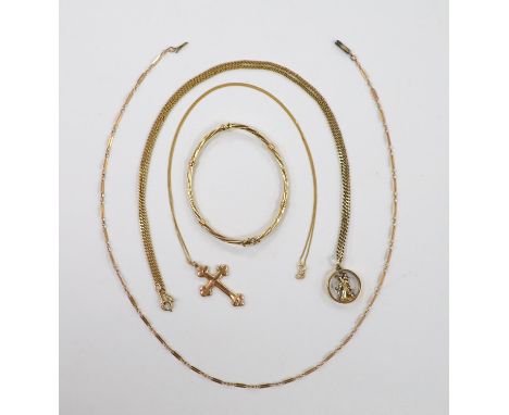 Two 9ct pendant necklaces, one with cross pendant, a 9ct gold hinged bangle and a 9ct chain,   23.4 grams.