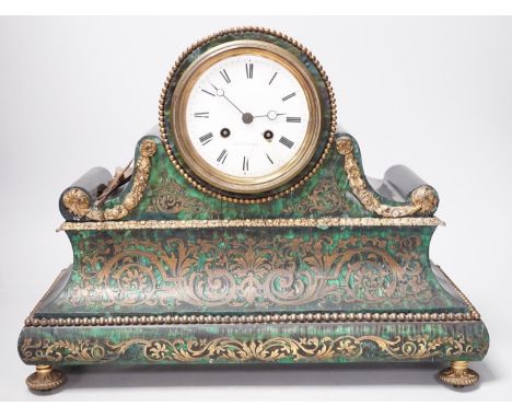A 19th century French green Boulle work mantel clock. 41cm wide