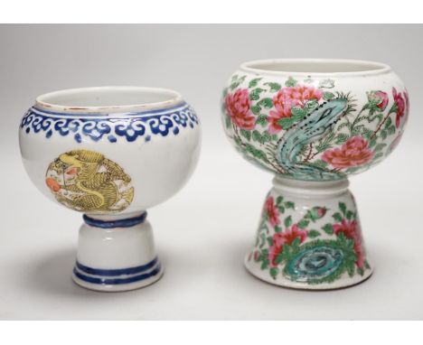 Two 19th century Chinese porcelain stem cups, The first decorated with Dragon medallions, the second with peonies and rock wo