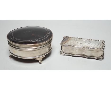 A George V silver and tortoiseshell mounted circular trinket box, Walker &amp; Hall. Birmingham, 1918, 92mm and an earlier si