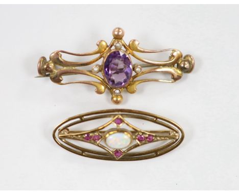 Two early 20th century yellow metal and gem set brooches, including amethyst and seed pearl, 45mm and white opal and ruby, gr