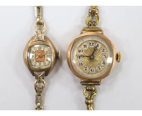 A lady's early 20th century 9ct gold manual wind wrist watch, on a gold plated bracelet and a lady's 10k gold filled Monarch 