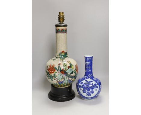 A Chinese crackle glaze ‘phoenix’ vase mounted as a lamp and a similar blue and white bottle vase