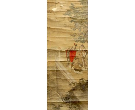 A 19th century Chinese scroll painting on paper of four scholars in a landscape