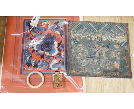 A Chinese embroidered silk Rank badge, mounted on a board, an inside painted snuff bottle, jade type bangle and a Chinese nee