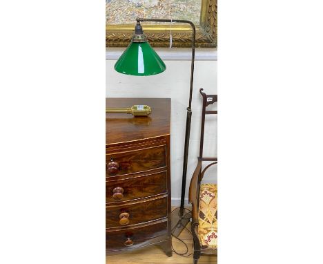 An Edwardian style lacquered brass telescopic lamp standard with green glass shade
