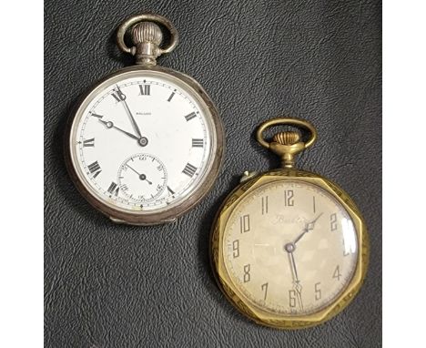 TWO POCKET WATCHEScomprising a silver cased pocket watch by Nallog, the white enamel dial with Roman numerals and subsidiary 