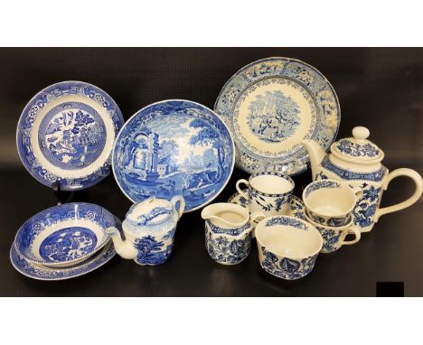 LARGE SELECTION OF BLUE AND WHITE CHINAincluding Ridgway Jacobean tea pot, six cups and saucers, six side plates, sugar bowl 