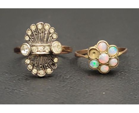 TWO NINE CARAT GOLD RINGSone an opal cluster (one stone lacking) and the other with CZ set shaped setting, ring sizes I and L