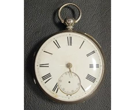 VICTORIAN SILVER CASED POCKET WATCHthe white enamel dial with Roman numerals and subsidiary seconds dial, the reverse with en