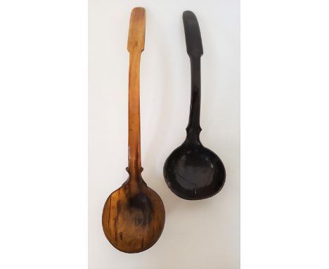 LARGE HORN LADLEpossibly Scottish with a shaped arched handle and deep bowl, 46.5cm long, together with a similar horn handle