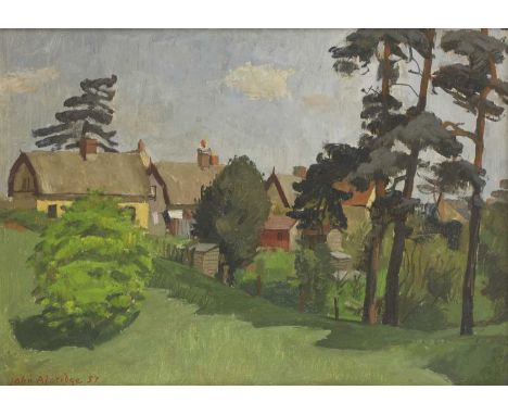 *John Aldridge RA (1905-1983)Cottages on the Dunmow Road, Great Bardfieldsigned and dated 'John Aldridge 57' l.l., oil on boa