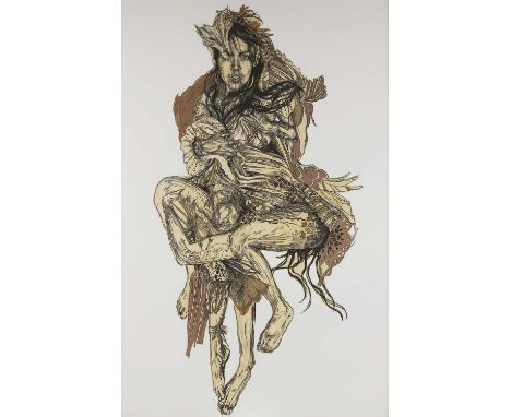 Swoon (American, b.1977)'Monica'signed in pencil on the heel of the figure, mixed media, coffee stain, acrylic gouache and li