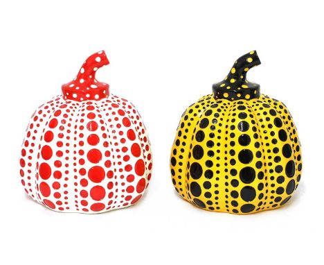 Yayoi Kusama (Japanese, b.1929) Pumpkin, 2016 two painted cast resin in yellow and red, with original boxes as issued, stampe