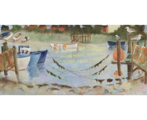 *Tessa Newcomb (b.1955)Evening Stillnesssigned with initials and dated '99 l.r., oil on board61 x 122cmProvenance: With Messu