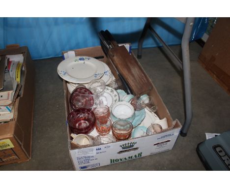 A box containing various kitchenalia including various china etc. This item can only be purchased by someone over the age of 