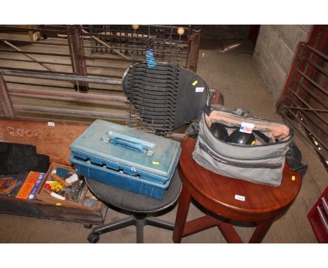 A swivel office chair; a CD rack; a toolbox with contents together with a quantity of bowling woods