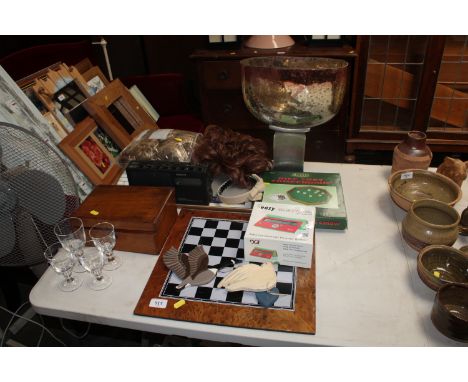 A Sony radio, a mahogany jewellery box AF, a chess board, various glassware, Jacques dice tray and compendium etc. together w