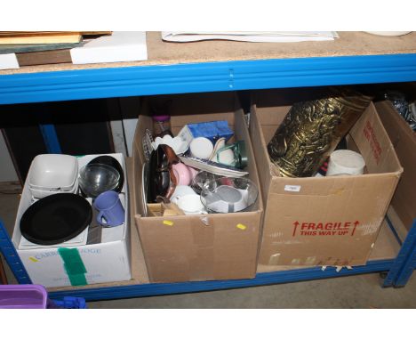 Three boxes containing various kitchenalia, china, brass stick stand etc 