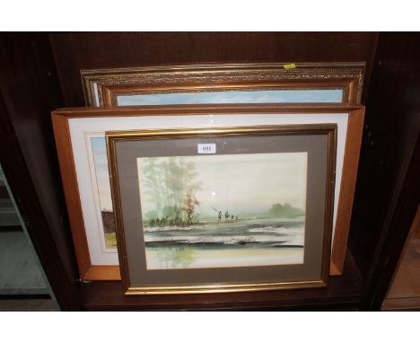 A collection of various pictures and print including an oriental watercolour landscape study, Garrad, watercolour study of a 