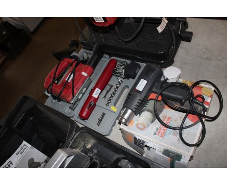 A Power Devil jig saw; a Black & Decker paint stripper heat gun and a Power Devil cordless screwdriver together with various 