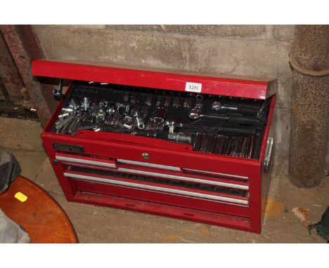 A Clarke toolbox with contents of various sockets, spanners, drill bits etc.